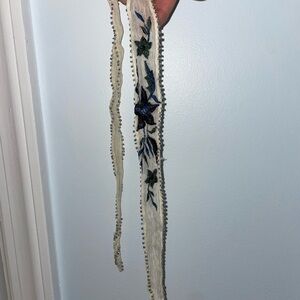 Embroidered Cream and Blue Hairtie